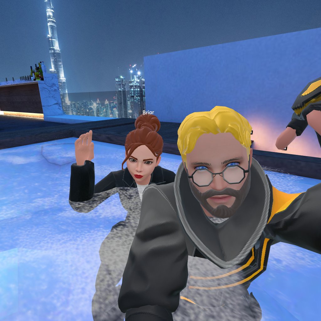EmanuelErdem's tweet photo. Today, I was interviewed in VR in our @Exclusible Dubai penthouse.

We never met before and we ended up in the jacuzzi taking a selfie with the Burj Khalifa in the background.

The possibilities in the #metaverse keep blowing my mind.

Fun times we’re living in! https://t.co/tqQW8qAxYE