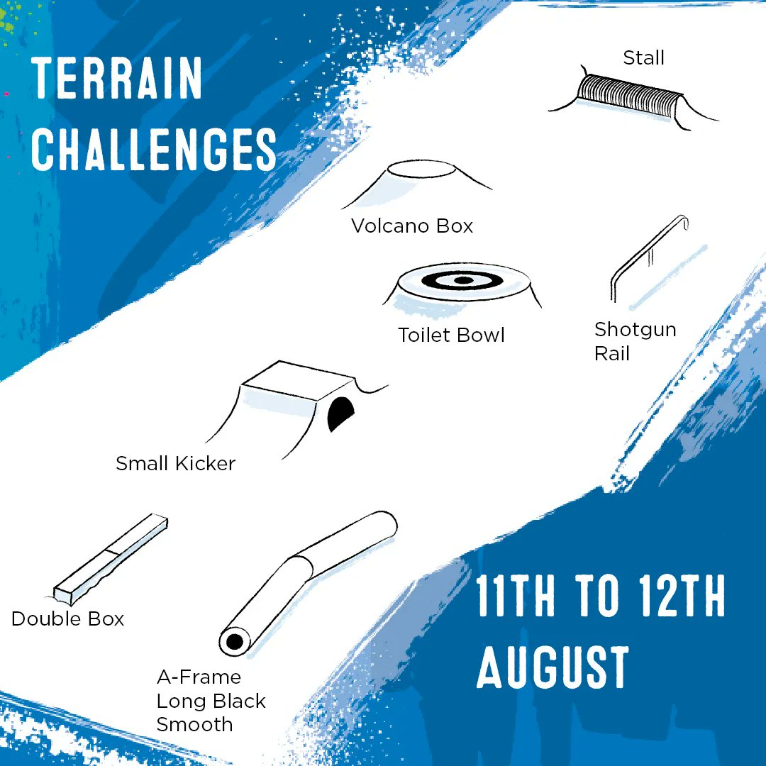 Join us for this week's  Terrain Challenges! 🔥

This Thursday and Friday challenge yourself to ride the Stall, Volcano Box, Small Kicker, Double Box, Shotgun Rail and A-Frame Long Black Smooth!

buff.ly/3Dg8Scy