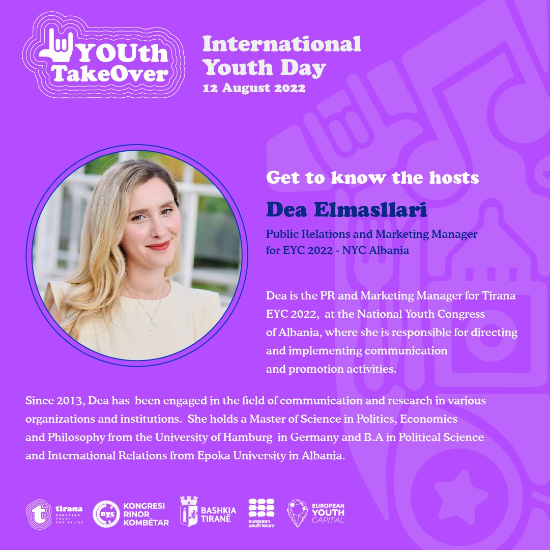 #YOUthTakeOver coming up this week 🚀 on #InternationalYouthDay2022 🙋🏼‍♀️🙋🏼 
 
Get to know the hosts 👋 Dea Elmasllari, Comms Manager #TiranaEYC2022 - #NYCAlbania will be there to connect you with what's happening in the youth capital 📲 Join us on <a href="/Youth_Forum/">European Youth Forum</a> Insta on 12 August🗓️