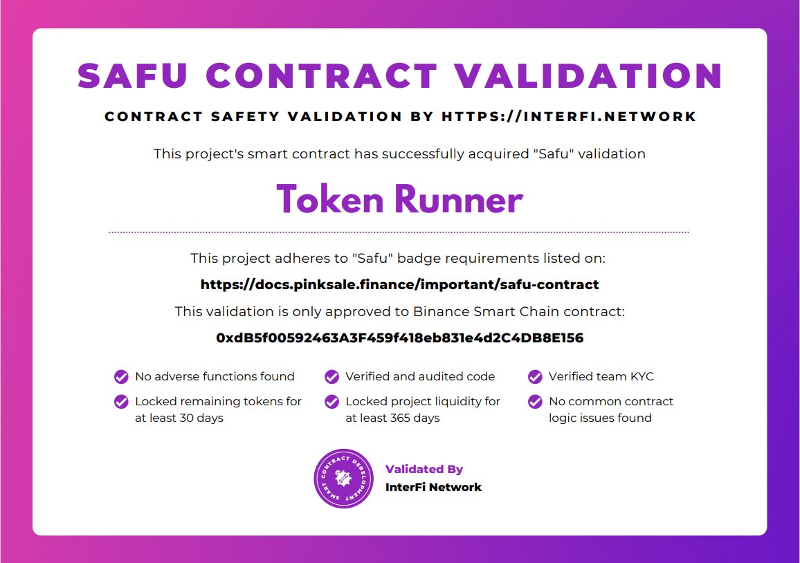 TokenRunner has successfully acquired Pinksale SAFU validation ahead of our token fair-launch

Details linked below:
github.com/interfinetwork…

#TokenRunner #SAFU