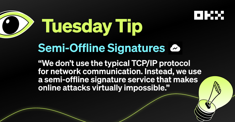 okx's tweet photo. Leading security keeps your #crypto safe 🔏 

💡 We created our own semi-offline multi-signature mechanism. It supports quick, secure, and convenient deposits and withdrawals!

👇 Learn more with today's #OKX security design philosophy — Semi-offline signatures 🖋️

#TuesdayTip