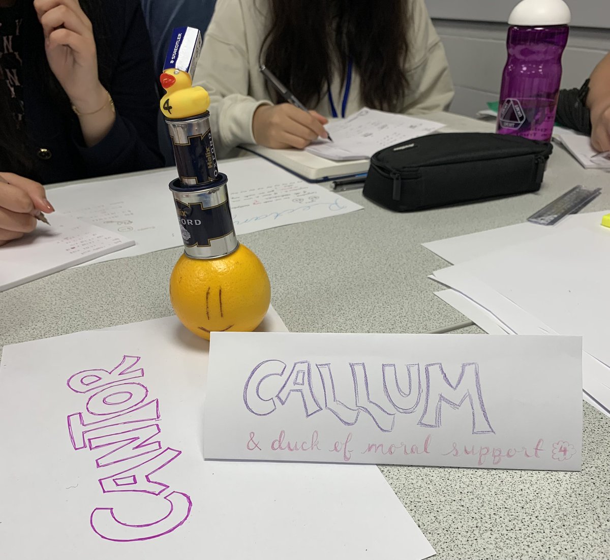 CubbonSue's tweet photo. Callum the squeaky orange and the duck of moral support encourage Cantor group at 60NMSS thinking about shopping in Rectanglia. #ProblemSolving @UKMathsTrust https://t.co/CQuqHzdAMz