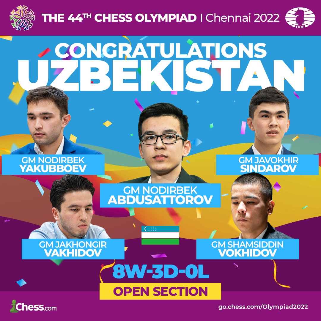 44th Chess Olympiad 2022 held in Chennai, TN; Uzbekistan won Open Section