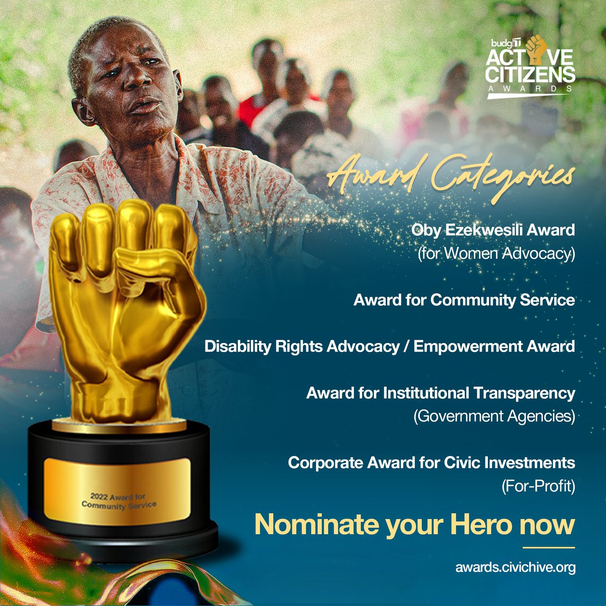 BudgITng's tweet photo. The Active Citizens Awards - Categories open for nominations.

1. The Oby Ezekwesili Award (for Women Advocacy) will recognize Nigerian women that are breaking societal limits and impacting Nigeria’s socio-economic development and gender equality. https://t.co/e7OKoSOw9W