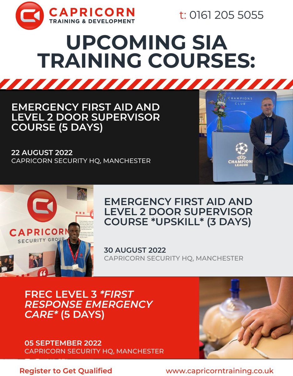 🚨Upcoming course dates🚨 Capricorn Training provide a range of courses including SIA Door Supervision, Top Up Training and lots more. For more information and to book your place – follow the link 👇🏻 capricorntraining.co.uk/book-a-course/ #training #security #capricornsecurity