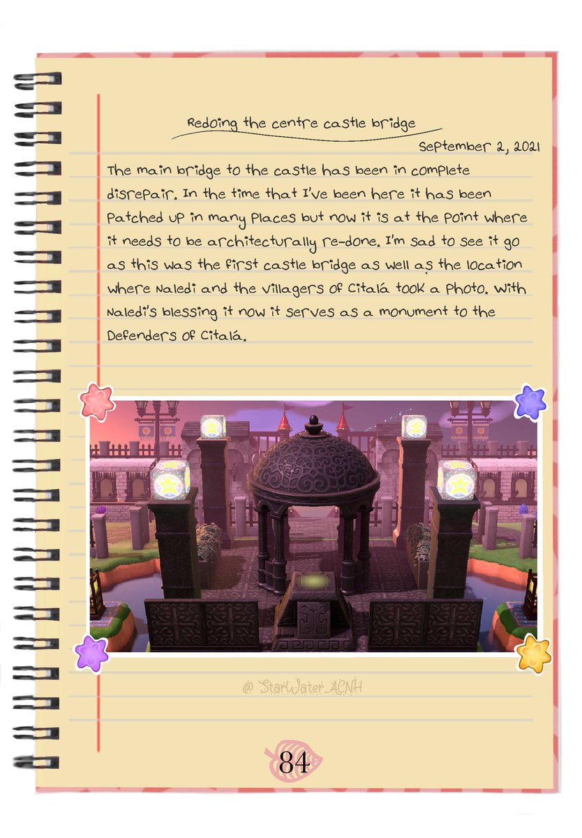 StarWater_ACNH's tweet photo. Star Water Journal Page 84: Redoing the Centre Castle Bridge 

#animalcrossingnewhorizons #acnh #animalcrossing #acnhstory #acnhstorytelling #acnhstorytime #acnhjournal #acnhdiary #acnhstarwater https://t.co/WrrO0aXuuG