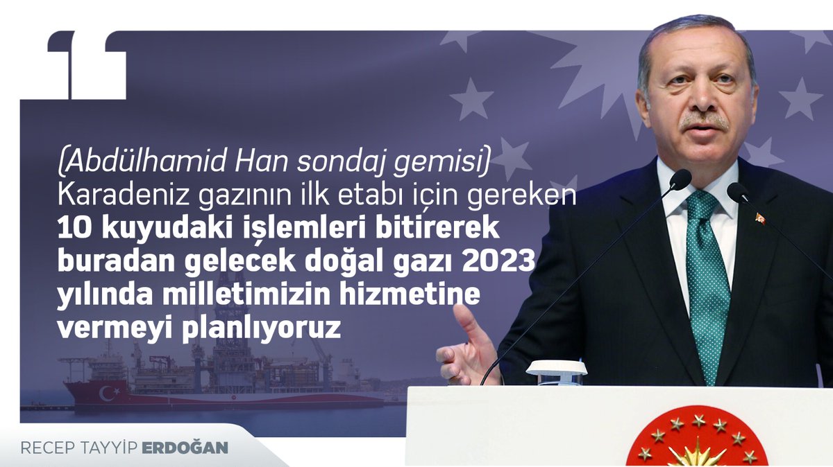 Cumhurbaşkanı <a href="/RTErdogan/">Recep Tayyip Erdoğan</a>:

"(Abdülhamid Han sondaj gemisi) Karadeniz gazının ilk etabı için gereken 10 kuyudaki işlemleri bitirerek buradan gelecek doğal gazı 2023 yılında milletimizin hizmetine vermeyi planlıyoruz"