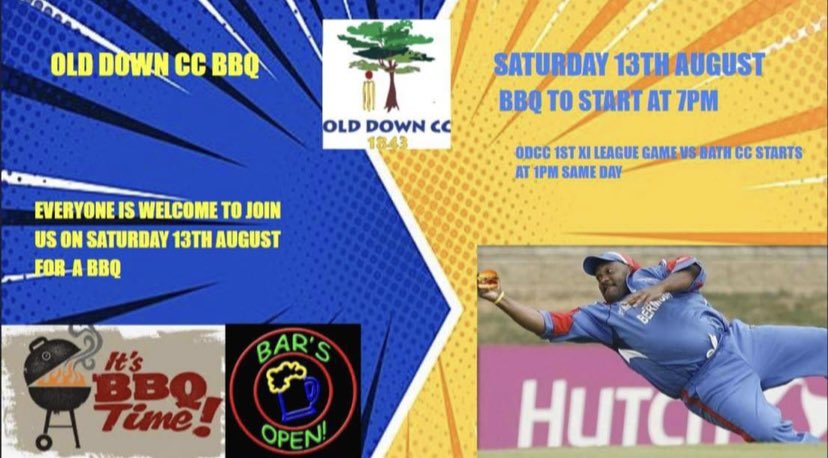 odcc's tweet photo. Club BBQ

Following the 1st XI game vs Bath at home and the 2nd XI game vs BWIP on Saturday we will be having a club BBQ. All members, supporters and family of both welcome. 

If you are planning on coming pop a comment on this post so we know roughly how much to get! https://t.co/RWNPFV7kOI