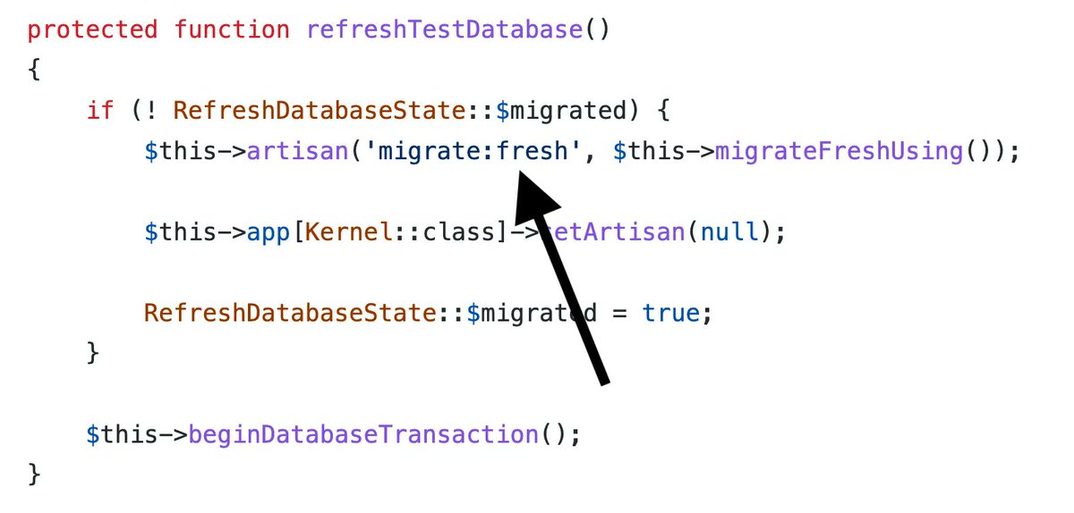 PovilasKorop's tweet image. Laravel testing trivia.
Have you ever wondered what happens in the RefreshDatabase trait?
You thought it runs "migrate:refresh"? Think again.
Under the hood, it actually runs "migrate:fresh"
So it doesn't run down() methods, it drops tables and recreates them.
#LaravelTesting