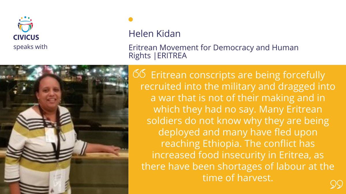 CIVICUS (@civicusalliance) on Twitter photo 🇪🇷#Eritrea: “Eritrea has one of the worst human rights records in Africa and is rated one the worst countries in the world for press freedoms”- Helen Kidan of <a href="/emdhrorg/">Eritrean Movement for Democracy & Human Rights</a>
Learn more: web.civicus.org/HelenKidan |
#CIVICUSInterview #CIVICUSLens 🇪🇷#Eritrea: “Eritrea has one of the worst human rights records in Africa and is rated one the worst countries in the world for press freedoms”- Helen Kidan of <a href="/emdhrorg/">Eritrean Movement for Democracy & Human Rights</a>
Learn more: web.civicus.org/HelenKidan |
#CIVICUSInterview #CIVICUSLens