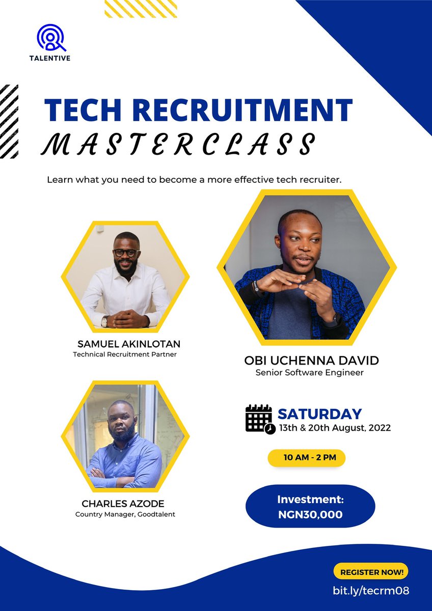 I’ll be facilitating a paid Tech Recruitment Masterclass over the next 2 weekends with <a href="/charlyazods/">ApexRecruiter</a> and <a href="/othreecodes/">Uche</a>.

If you’re interested in joining this session, you can register on bit.ly/tecrm08. This session cover 4 key areas to get you started in Tech recruitment.