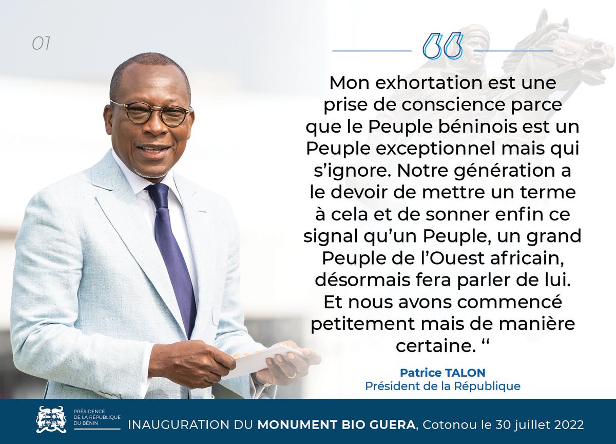 PresidenceBenin's tweet photo. #DiscoursPrBenin #IndependanceBenin #Wasexo : 

Quelques phrases fortes du discours du #Prbenin @PatriceTalonPR, le samedi 30 juillet 2022, lors de l'inauguration du Monument #BioGUERA en face de @CotonouAeroport. https://t.co/naMzg4Bt2j