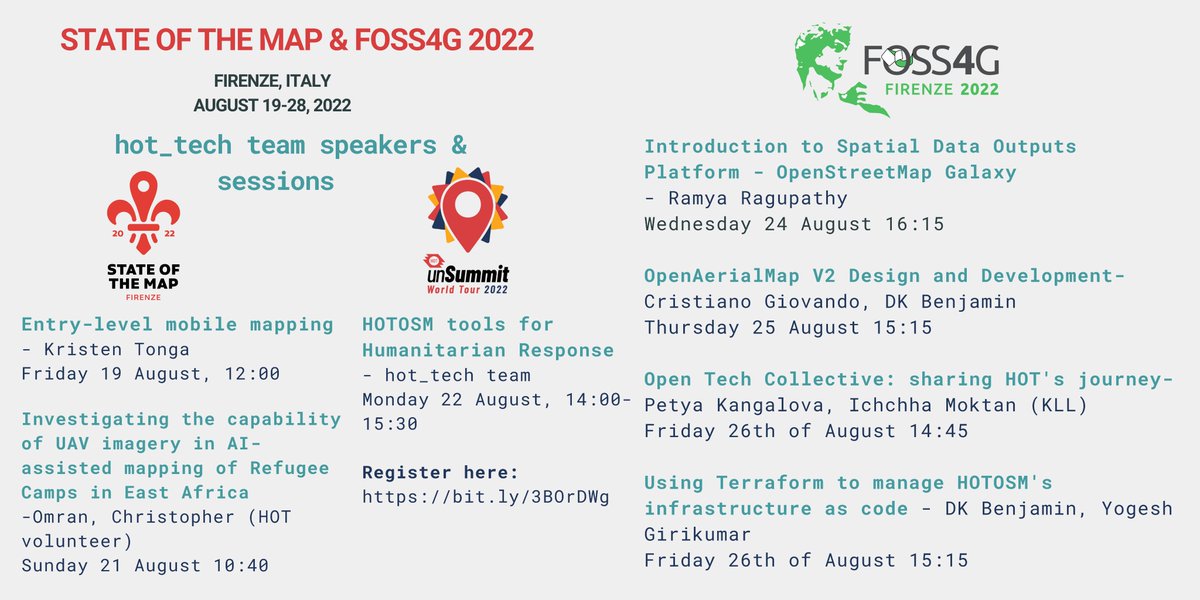 Tumefurahi kuwasilisha kwenye #SotM2022 na #FOSS4G2022! 🌟
Jiunge na vipindi vyetu ikiwa unahudhuria na utoe salamu kwa wazungumzaji wa @hotosm_tech :) #HOTunSummit2022 @foss4g @sotm