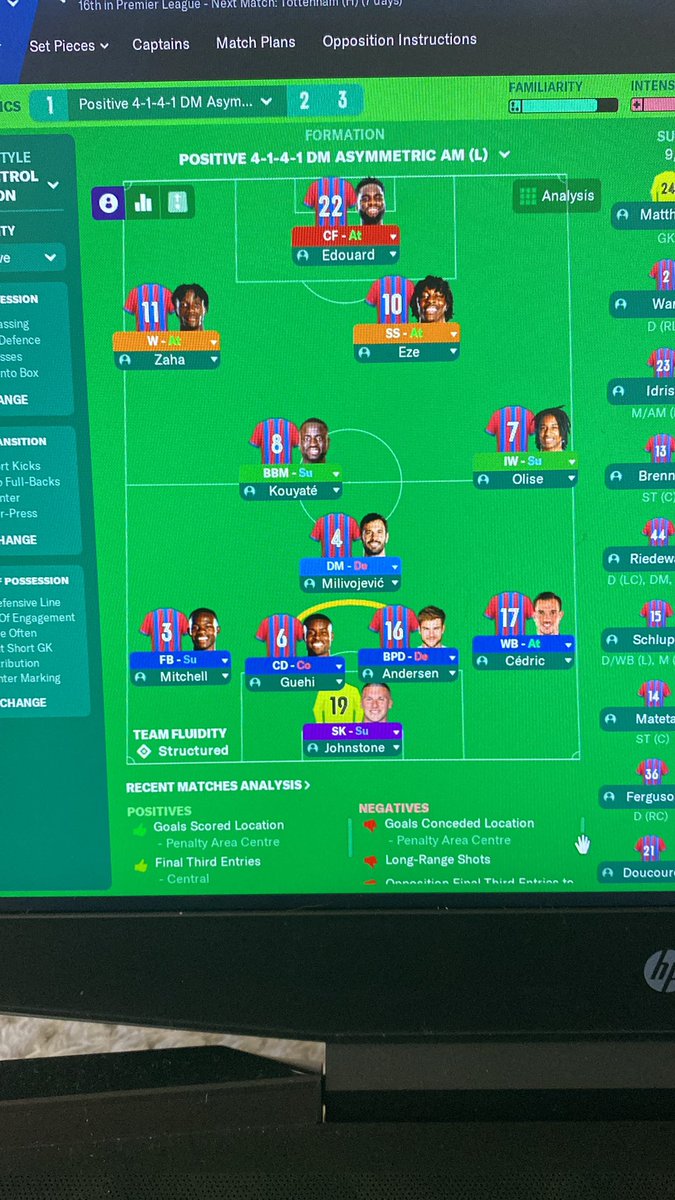 JSuth1994's tweet image. This is the system we are working with at the moment. I like the idea of olise drifting inside to be creative from the centre of the park whilst Eze will drift out wide. #fm22