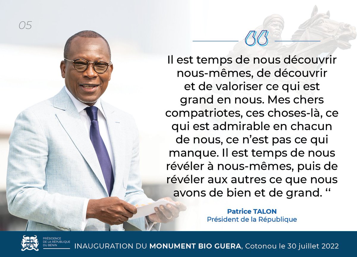 PresidenceBenin's tweet photo. #DiscoursPrBenin #IndependanceBenin #Wasexo : 

Quelques phrases fortes du discours du #Prbenin @PatriceTalonPR, le samedi 30 juillet 2022, lors de l'inauguration du Monument #BioGUERA en face de @CotonouAeroport. https://t.co/ABArEvAlGK