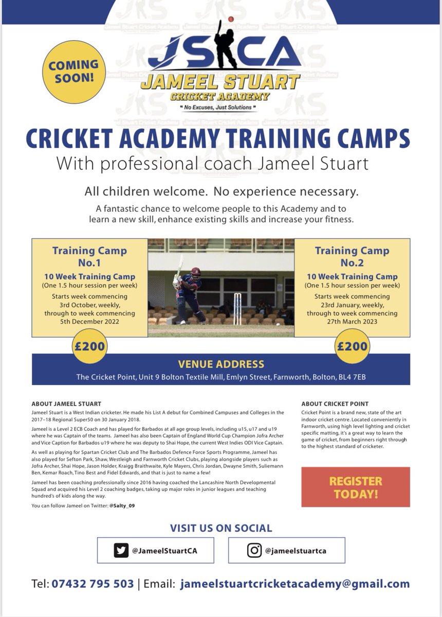 CricketPoint0's tweet image. We are pleased to announce that Jameel Stuart Cricket Academy will be based at Cricket Point. 

Check out the training programmes coming over the winter! 
Please message to register or get more info and share/like 

#noexcuses #justsolutions #workhard #cricketpoint
