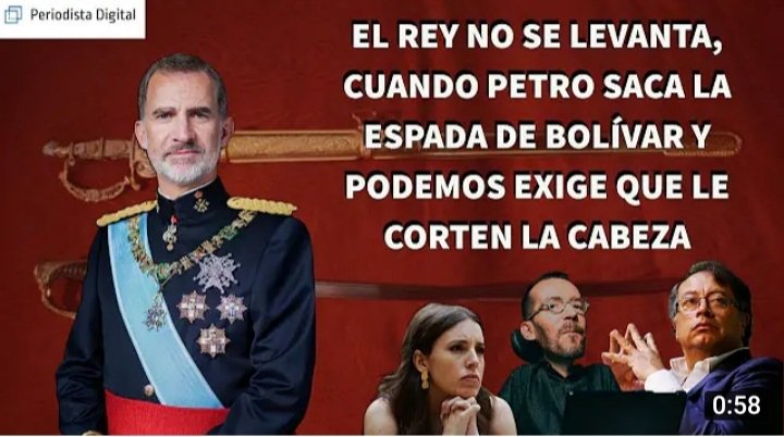 ChichonesC's tweet photo. El Rey no se lavanta,cuando el gerrillero=presidente Gustavo Petro pasea la espada de Bolivar=Traidor.dirigentes de podemos, ministros sanchistas,independentistas Catalanes y zarrapastrosos varios, incluidos Pablo Iglesias y Juan Carlos Monedero, han cargado contra el Rey . https://t.co/PCpc4VWN5u