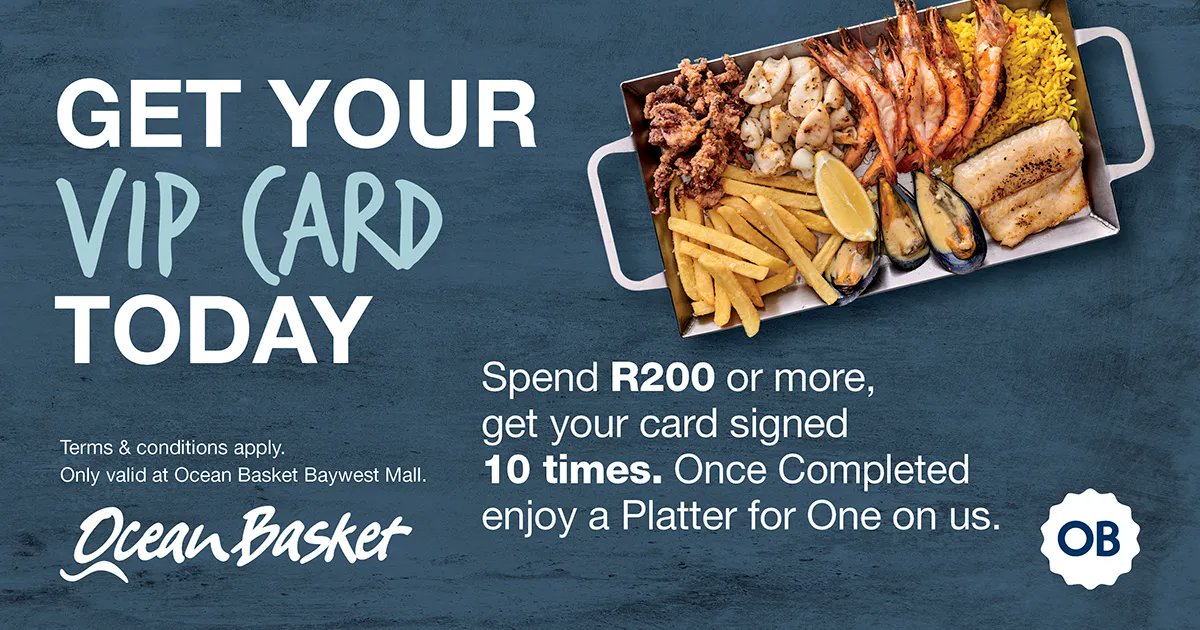 BaywestmallPE's tweet photo. Want to become an @oceanbasketza VIP? π Get your VIP card, then get your card signed 10 times by spending R200 or more on each visit. Once completed, enjoy a Platter for One on the house! π¦
#BaywestMall #OceanBasket #VIP #VIPCard #PlatterForOne https://t.co/YUsBqUGMdm