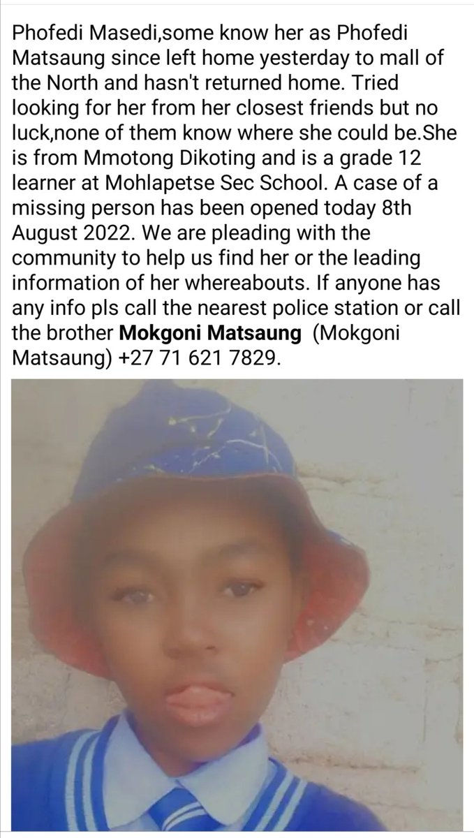 Dipuo_Selota's tweet photo. #GynaGuard

Missing grade 12 learner from Polokwane please help https://t.co/6F6POsr6bN