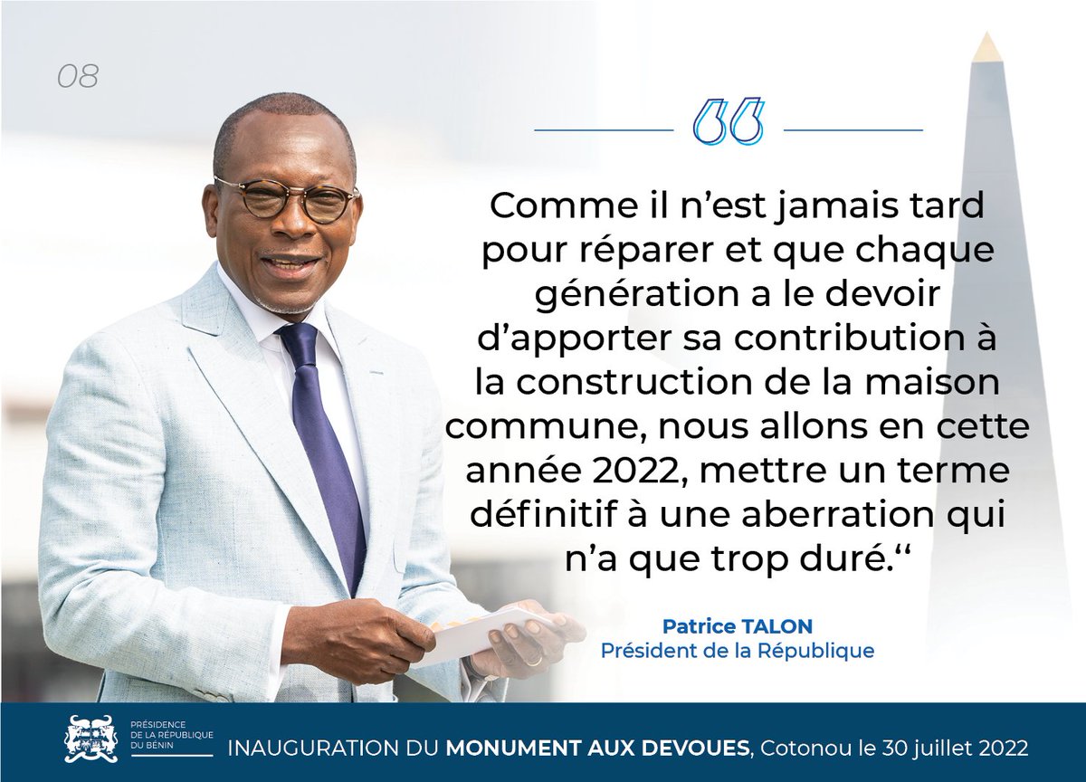 PresidenceBenin's tweet photo. #DiscoursPrBenin #IndependanceBenin #Wasexo :
Quelques phrases fortes du discours du #Prbenin @PatriceTalonPR, le samedi 30 juillet 2022, lors de l'inauguration du Monument aux #Dévoués dans les Jardins de Mathieu. https://t.co/8Cl9vDjHta