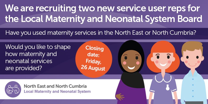 Local Maternity and Neonatal System NENC (@lmns_nenc) on Twitter photo **Please share**
We are recruiting 2 members of the public to support decision making for the regional maternity and neonatal system
Closing date 26 August
Find out more: northernlms.org/we-are-recruit…
<a href="/MvpNorthumbria/">Northumbria Maternity Voices</a> <a href="/GatesheadMVP/">Gateshead Maternity Voices Partnership</a> <a href="/MvpNewcastle/">MVPNewcastle</a> <a href="/STSFTMVP/">South Tyneside and Sunderland Maternity Voices</a> **Please share**
We are recruiting 2 members of the public to support decision making for the regional maternity and neonatal system
Closing date 26 August
Find out more: northernlms.org/we-are-recruit…
<a href="/MvpNorthumbria/">Northumbria Maternity Voices</a> <a href="/GatesheadMVP/">Gateshead Maternity Voices Partnership</a> <a href="/MvpNewcastle/">MVPNewcastle</a> <a href="/STSFTMVP/">South Tyneside and Sunderland Maternity Voices</a>