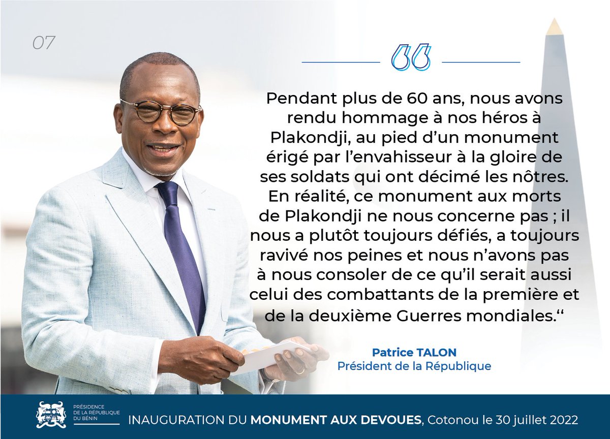 PresidenceBenin's tweet photo. #DiscoursPrBenin #IndependanceBenin #Wasexo :
Quelques phrases fortes du discours du #Prbenin @PatriceTalonPR, le samedi 30 juillet 2022, lors de l'inauguration du Monument aux #Dévoués dans les Jardins de Mathieu. https://t.co/8Cl9vDjHta