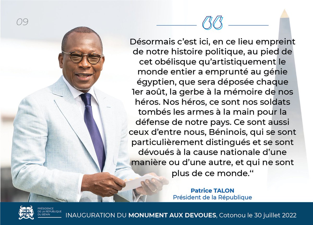 PresidenceBenin's tweet photo. #DiscoursPrBenin #IndependanceBenin #Wasexo :
Quelques phrases fortes du discours du #Prbenin @PatriceTalonPR, le samedi 30 juillet 2022, lors de l'inauguration du Monument aux #Dévoués dans les Jardins de Mathieu. https://t.co/8Cl9vDjHta