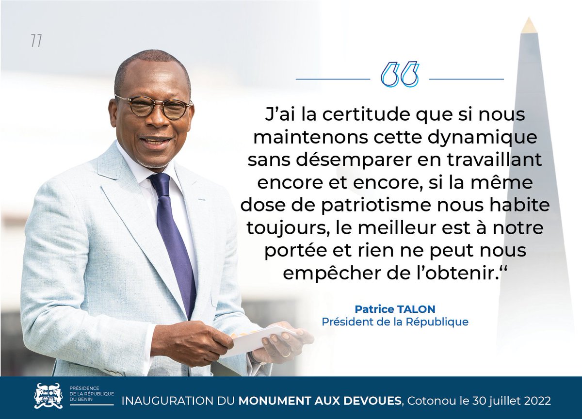 PresidenceBenin's tweet photo. #DiscoursPrBenin #IndependanceBenin #Wasexo :
Quelques phrases fortes du discours du #Prbenin @PatriceTalonPR, le samedi 30 juillet 2022, lors de l'inauguration du Monument aux #Dévoués dans les Jardins de Mathieu. https://t.co/Wgxgt61Oaj