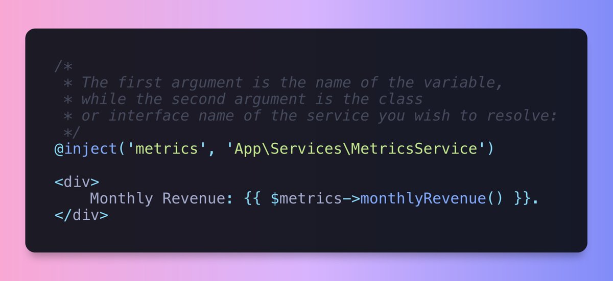 laravel_updates's tweet image. 😍 The @ inject directive may be used to retrieve a service from the Laravel service container.
#laravel #laravelblade #laraveltips #laraveltricks
