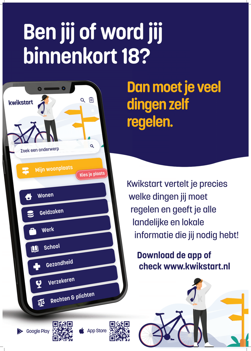 Ben of word jij binnenkort 18? Dan moet je veel dingen zelf regelen.  Op kwikstart.nl vind je precies de landelijk en lokale informatie die jij nodig hebt! Download de app op check de website! Meer info? info@kwikstart.nl