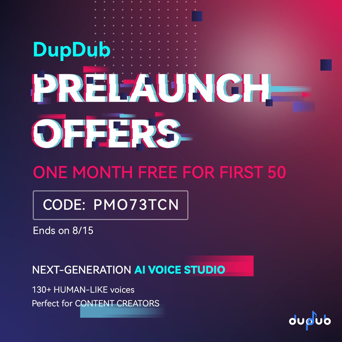 Dupdub_Mobvoi's tweet image. Here comes the Pre-launch Offer of DupDub📢📢📢
Enter the coupon code and start your free trial of DupDub right now!
130+ Human-like voices and most powerful editor of TTS are waiting for U!!!
#tts #text_to_speech #ai_voices #AI