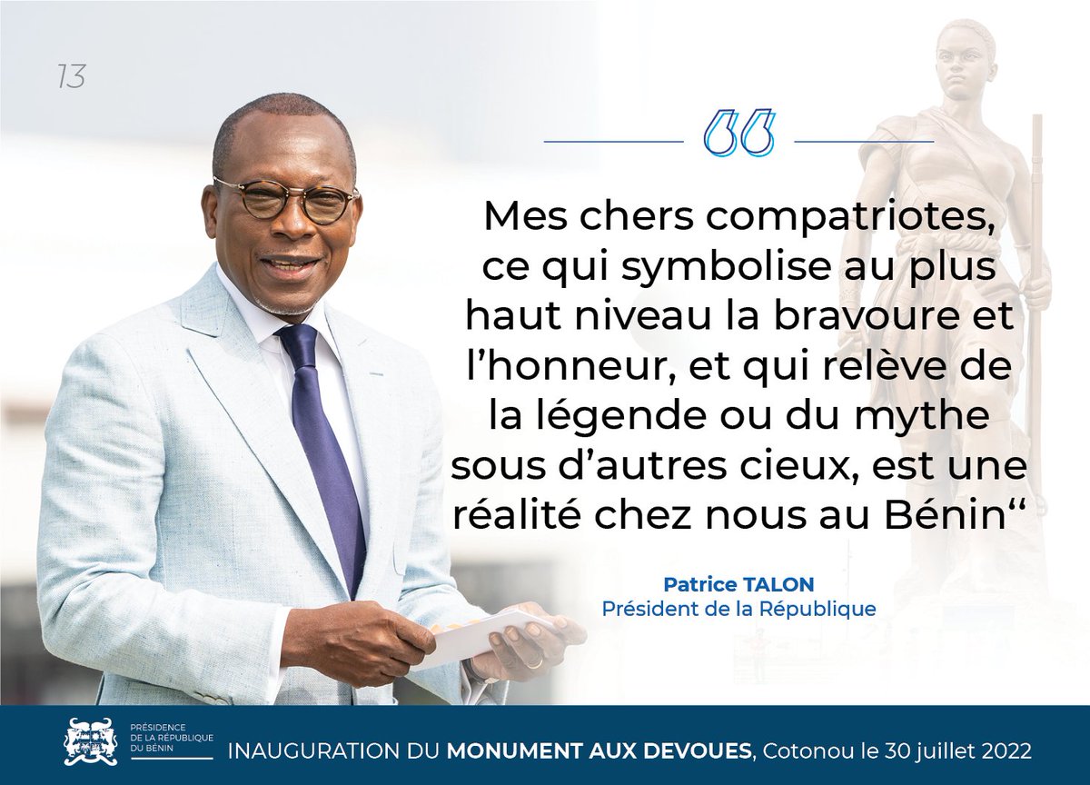 PresidenceBenin's tweet photo. #DiscoursPrBenin #IndependanceBenin #Wasexo :
Phrase forte du discours du #Prbenin @PatriceTalonPR , le samedi 30 juillet 2022, lors de l'inauguration du Monument #Amazone à la Place de l'Indépendance. https://t.co/PMt9x4KYDm