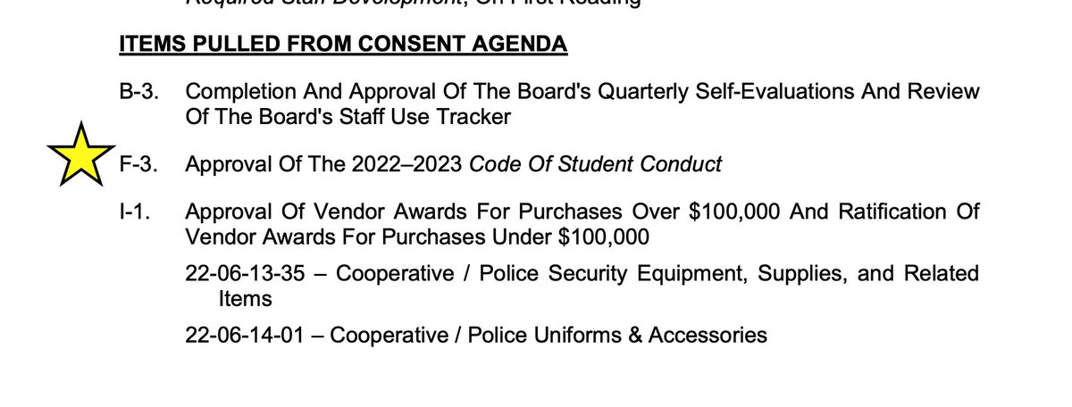 #TeamHISD Thanks <a href="/mzkatdan/">Kathy Blueford Daniels</a> and other #HISD Board Trustees who pulled the approval of the 2022-2023 Code of Student Conduct from the Consent Agenda 
<a href="/JMilesKHOU/">Jason Miles</a> <a href="/NatalieHee/">Natalie Hee</a> @CoryNPRHouston