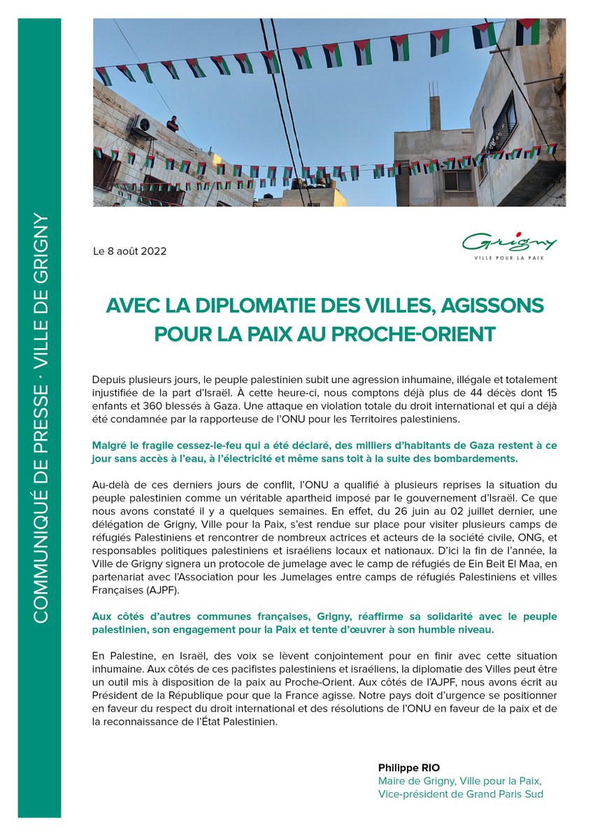 COMMUNIQUÉ · Aux côtés d’autres communes françaises, Grigny, réaffirme sa solidarité avec le peuple de #Palestine, son engagement pour la Paix et tente d’œuvrer à son humble niveau avec la diplomatie des villes, pour que la paix règne au Proche-Orient. 🇵🇸​

<a href="/prio91350/">Philippe RIO</a>