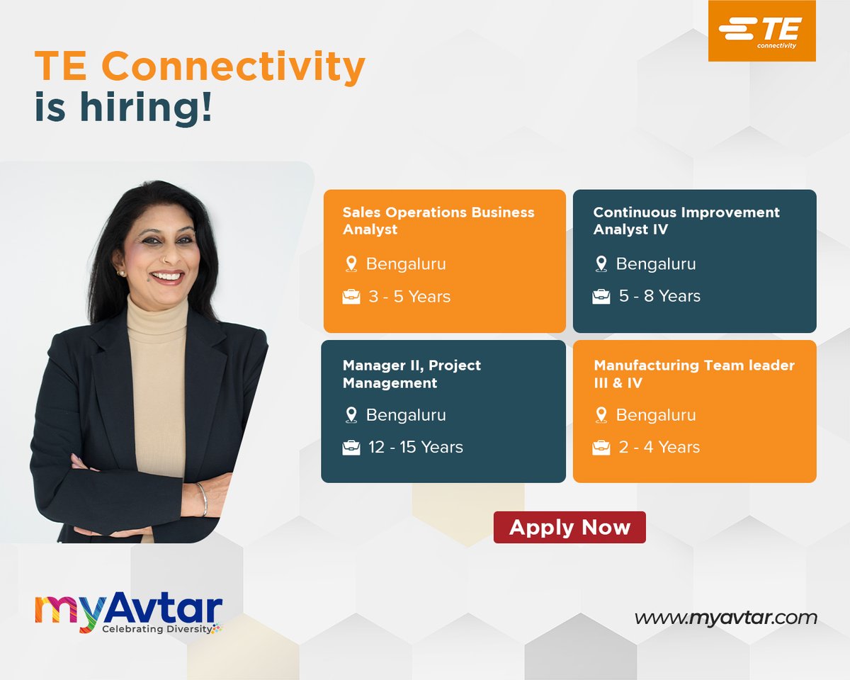 myavtarjobs's tweet photo. .@TEConnectivity is hiring!
Apply for the roles of:
1) Sales Operations Business Analyst
2) Continuous Improvement Analyst IV
3) Manager II, Project Management
4) Manufacturing Team Leader III & IV
To browse and apply, click on: https://t.co/Lba89bBebn
#LifeAtTE https://t.co/Qgy7uRq5Eb