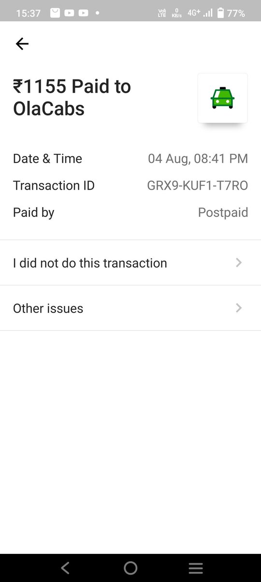 sac02sac's tweet photo. @ola_supports Driver refuses to receive ola money during the ride, he was forced to pay by Google Pay and he ensured revert ola money after 10 minutes. But till now I haven't received 1155 rupees in my ola money account. Please help on this. https://t.co/g2oxw9DBrK