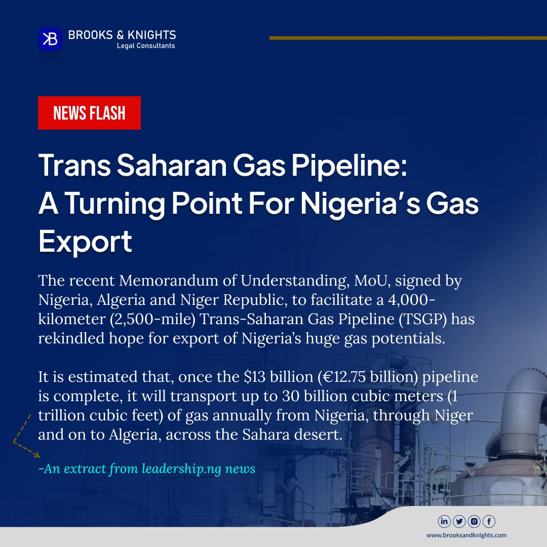Brooks_Knights's tweet photo. The recent Memorandum of Understanding, MoU, signed by Nigeria, Algeria and Niger Republic, to facilitate a 4,000 kilometer (2,500-mile) Trans-Saharan Gas Pipeline (TSGP) has rekindled hope for export of Nigeria's huge gas potentials.

Read more here: https://t.co/hOgdxyToXz news https://t.co/fsKCqddifp