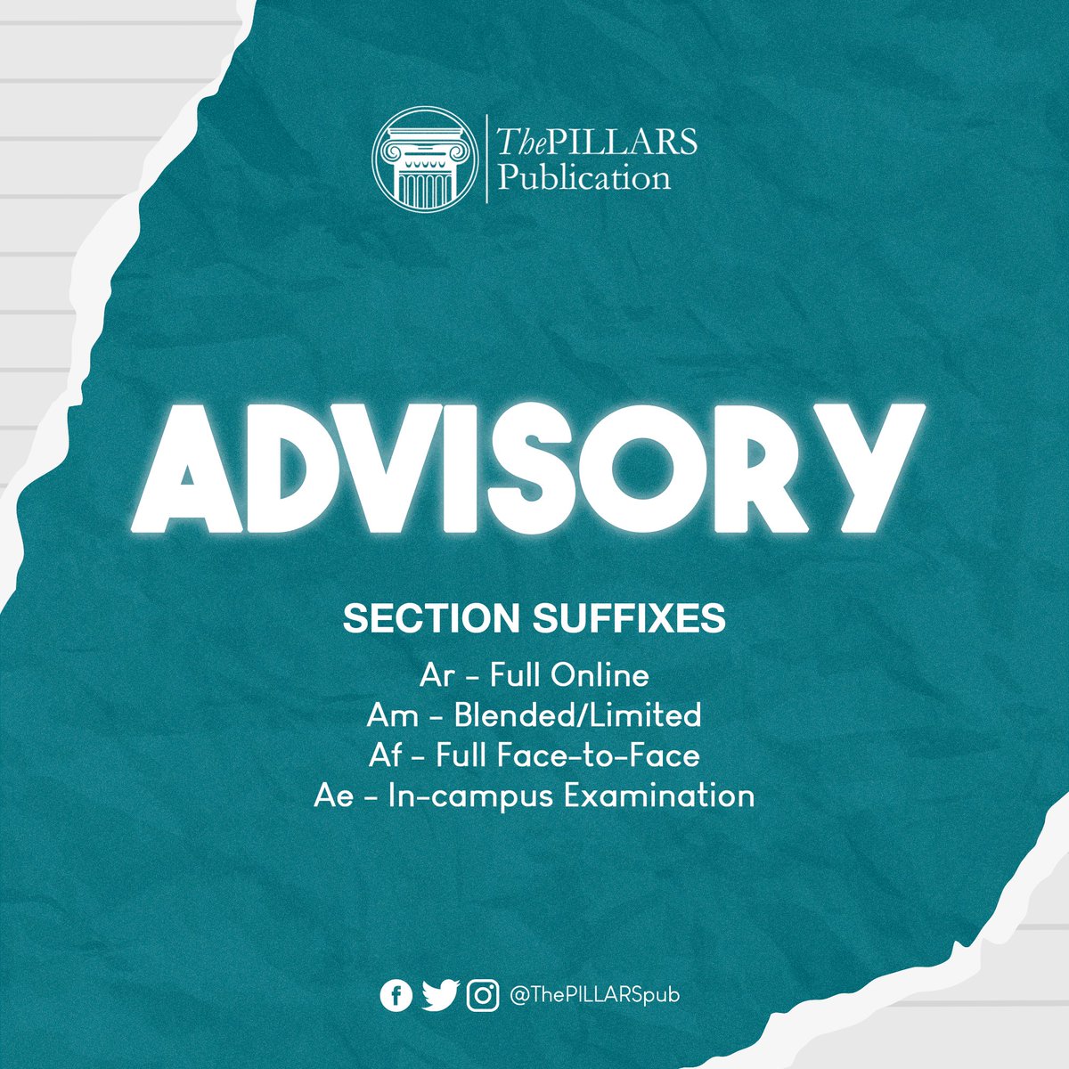 ThePILLARSpub's tweet photo. 𝗔𝗗𝗩𝗜𝗦𝗢𝗥𝗬 | For enrolled students, take note of the following class section suffixes to know the learning modality/setup per subject. 

1. Ar - Full Online
2. Am - Blended/Limited
3. Af - Full Face-to-Face
4. Ae - In-campus Exam

Source: myAdNU website https://t.co/K4dN24glDl