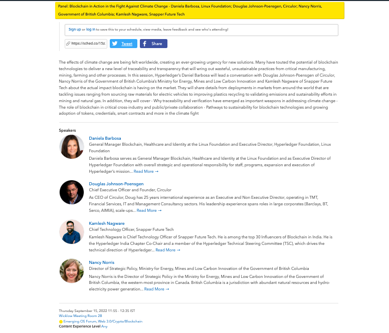 Kamlesh Nagware (@knagware) on Twitter photo I'm excited to attend Panel: Blockchain in Action in the Fight Against Climate Change at Open Source Summit Europe 2022 in Dublin <a href="/linuxfoundation/">The Linux Foundation</a> <a href="/Circulor1/">Circulor</a> <a href="/snapper_future/">Snapper Future Tech</a> <a href="/danielabarbosa/">👇🏼</a> <a href="/Hyperledger/">Hyperledger Foundation</a>
sched.co/15z2M <a href="/sched/">Sched</a> I'm excited to attend Panel: Blockchain in Action in the Fight Against Climate Change at Open Source Summit Europe 2022 in Dublin <a href="/linuxfoundation/">The Linux Foundation</a> <a href="/Circulor1/">Circulor</a> <a href="/snapper_future/">Snapper Future Tech</a> <a href="/danielabarbosa/">👇🏼</a> <a href="/Hyperledger/">Hyperledger Foundation</a>
sched.co/15z2M <a href="/sched/">Sched</a>