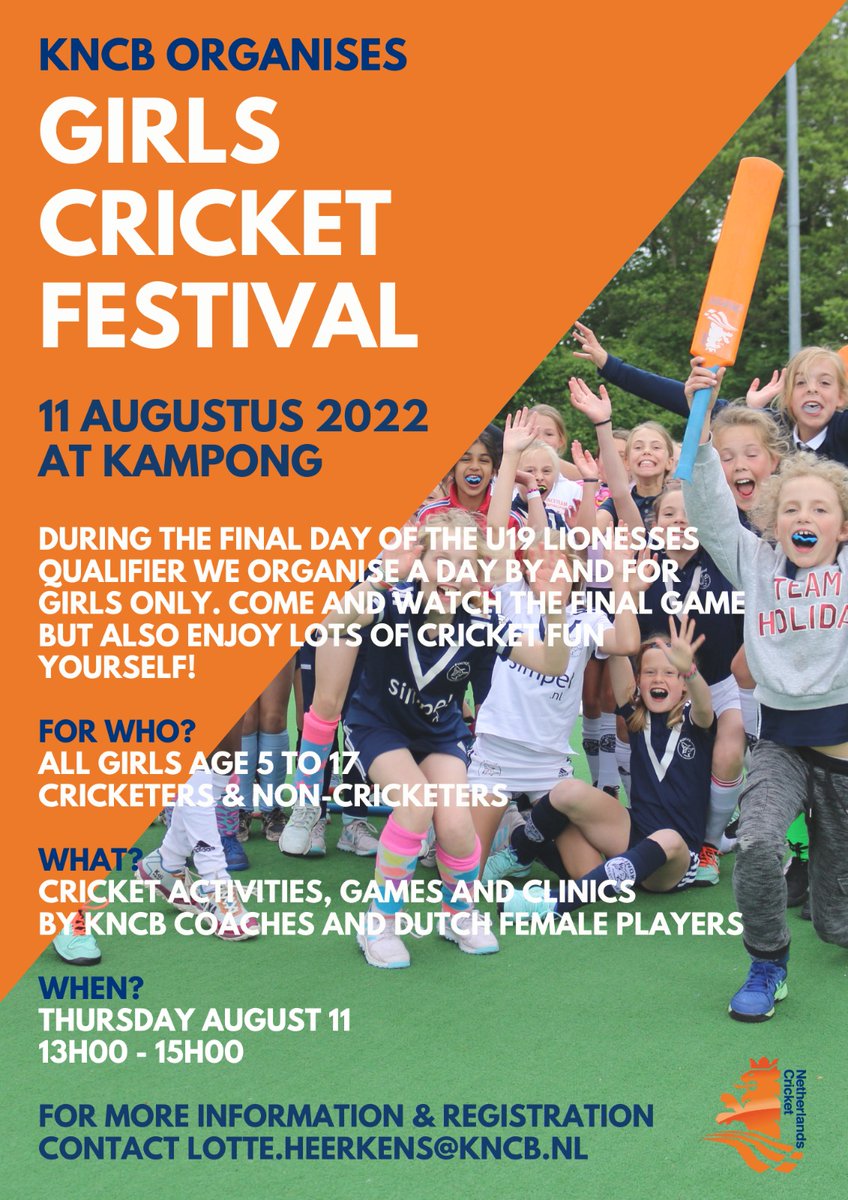 🟠 | Ben jij een meisje tussen 5 en 17 en wil je een zelf een keertje cricket proberen? Kom donderdag langs bij de wedstrijd op Kampong en doe mee met het Girls Cricket Festival! Speciaal van, voor en door cricketende meiden!

Meld je aan via lotte.heerkens@kncb.nl!

#CricketNL
