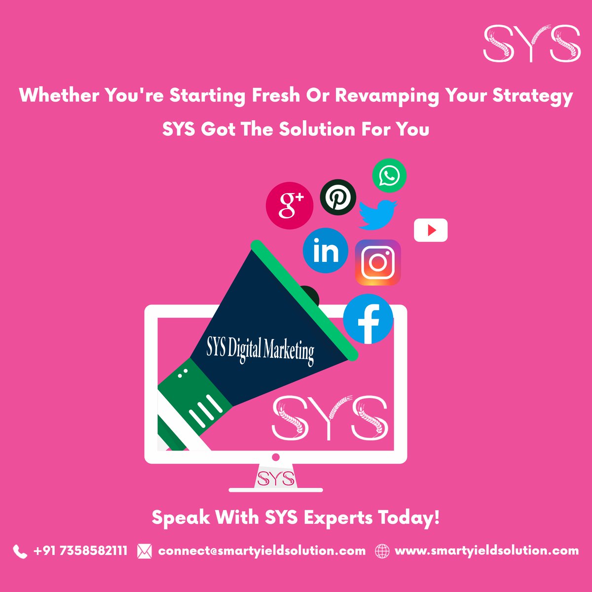 smart_yield's tweet photo. Whether You're Starting Fresh Or Revamping Your Strategy.
SYS Got The Solution For You.
Speak With SYS Experts Today!
Contact: +91 7358582111
Email: connect@smartyieldsolution.com
Visit: https://t.co/2idlZ9zH9O
#SYS #smartyieldsolution #digitalmarketing #mobileapp #webdevelopment https://t.co/T6x1YGMIg2