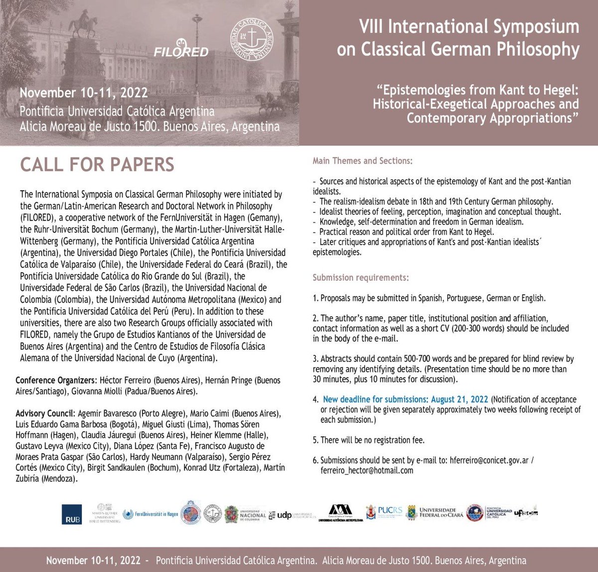 HegelSocietyGB's tweet image. CONFERENCE CALL FOR PAPERS 📩 The VIII International Symposium on Classical German Philosophy. Nov 10-11, 2022 - the Pontifical Catholic University of Argentina in Buenos Aires, Argentina. Please note that the new deadline for submissions is August 21! #hegel #germanidealism