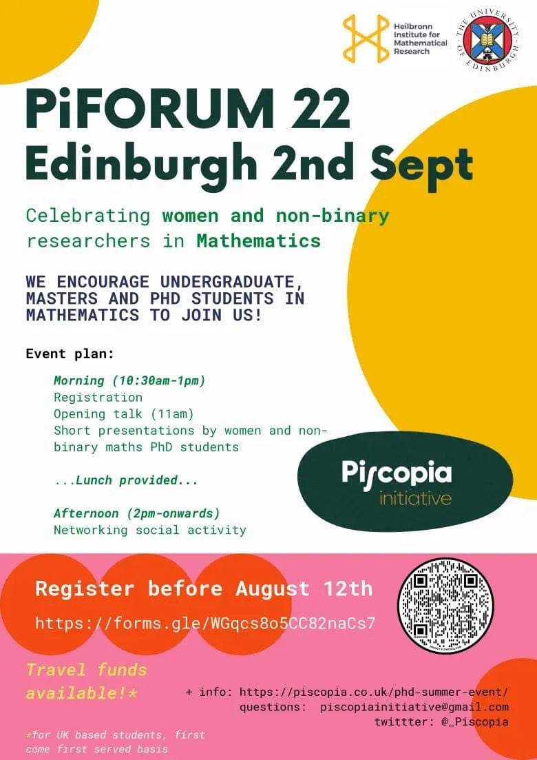 _Piscopia's tweet image. To all women and non-binary mathematicians in the UK!
Come along to celebrate our 3 year anniversary at Piscopia, while networking with women and non-binary mathematicians from across the country.
register soon! travel funds available :)
forms.gle/WGqcs8o5CC82na…