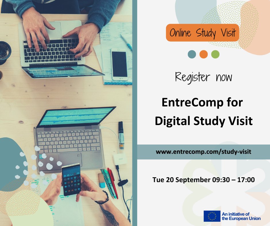 Register to join the #EntreCompforDigital Online Study Visit! Hear from a variety of initiatives, take part in collaborative activities and join the discussion.
📆 20 September
⏰ 09:30 – 17:00 CEST
ℹ More details bit.ly/3PA8JGE
📝 Registration bit.ly/3BaRJT1