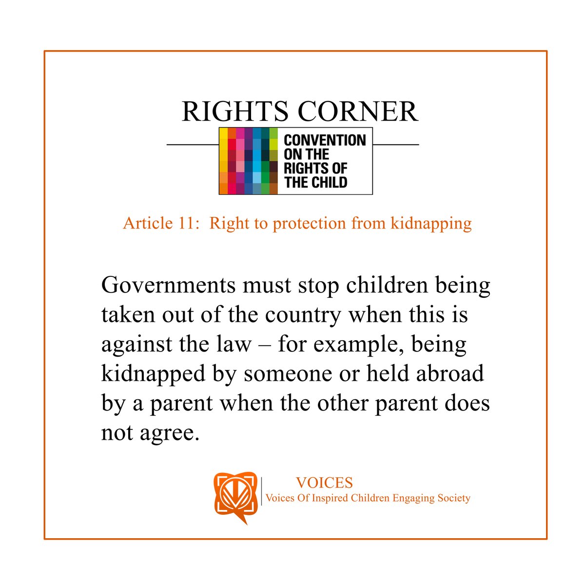 VOICESmegaphone's tweet photo. Children have the right to be protected from kidnapping. #TuesdayThought How are you working towards protecting your children, siblings, friends,  and all children out there from being kidnapped? #CRC #ChildrensRight #RightCorner #Law https://t.co/Xv5xxru2xa