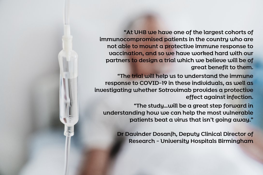 Birmingham Health Partners (@bhpcomms) on Twitter photo .<a href="/uhbtrust/">University Hospitals Birmingham</a> has begun roll-out of a drug trial which could prevent vulnerable & immunocompromised patients from catching #Covid19, particularly those who don't respond well to vaccinations. The #Sotrovimab arm of the <a href="/PROTECT_CCTU/">PROTECT-V Clinical Trial</a> is co-led by @Dr_D_Dosanjh
birminghamhealthpartners.co.uk/preventative-c… .<a href="/uhbtrust/">University Hospitals Birmingham</a> has begun roll-out of a drug trial which could prevent vulnerable & immunocompromised patients from catching #Covid19, particularly those who don't respond well to vaccinations. The #Sotrovimab arm of the <a href="/PROTECT_CCTU/">PROTECT-V Clinical Trial</a> is co-led by @Dr_D_Dosanjh
birminghamhealthpartners.co.uk/preventative-c…