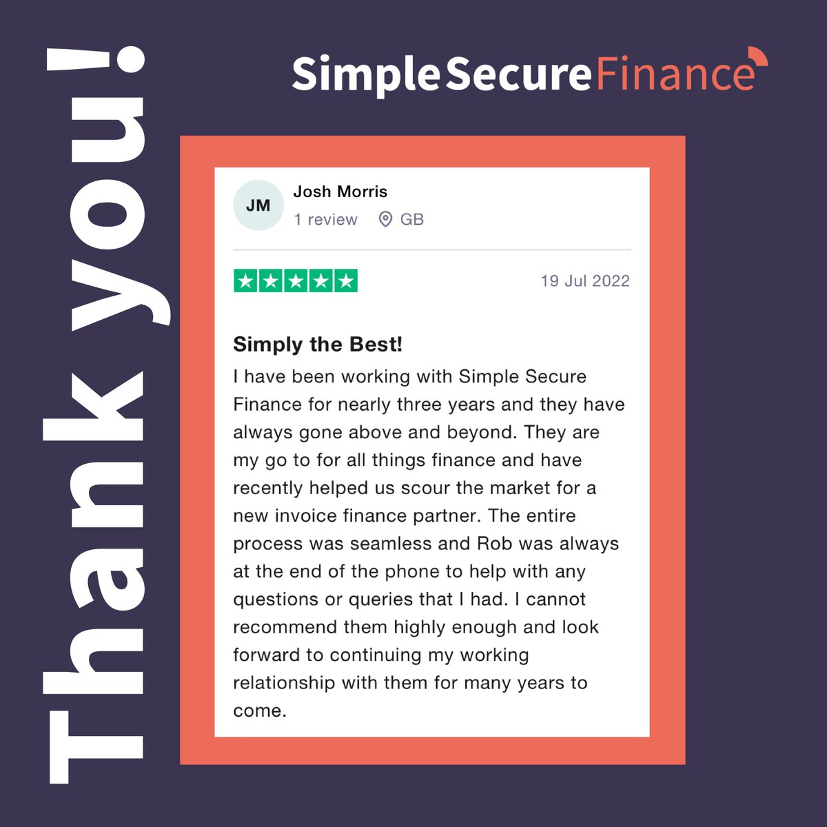 SSecureFinance's tweet photo. #testimonialtuesday Thank you for the amazing feedback Josh! We like to make the process of finding the perfect funding solution simple for you.

👉 Get started with Simple Secure Finance!
✅ Secure the finance your business deserves.
📧 info@simplesecurefinance.co.uk https://t.co/Axl3B5xZcO