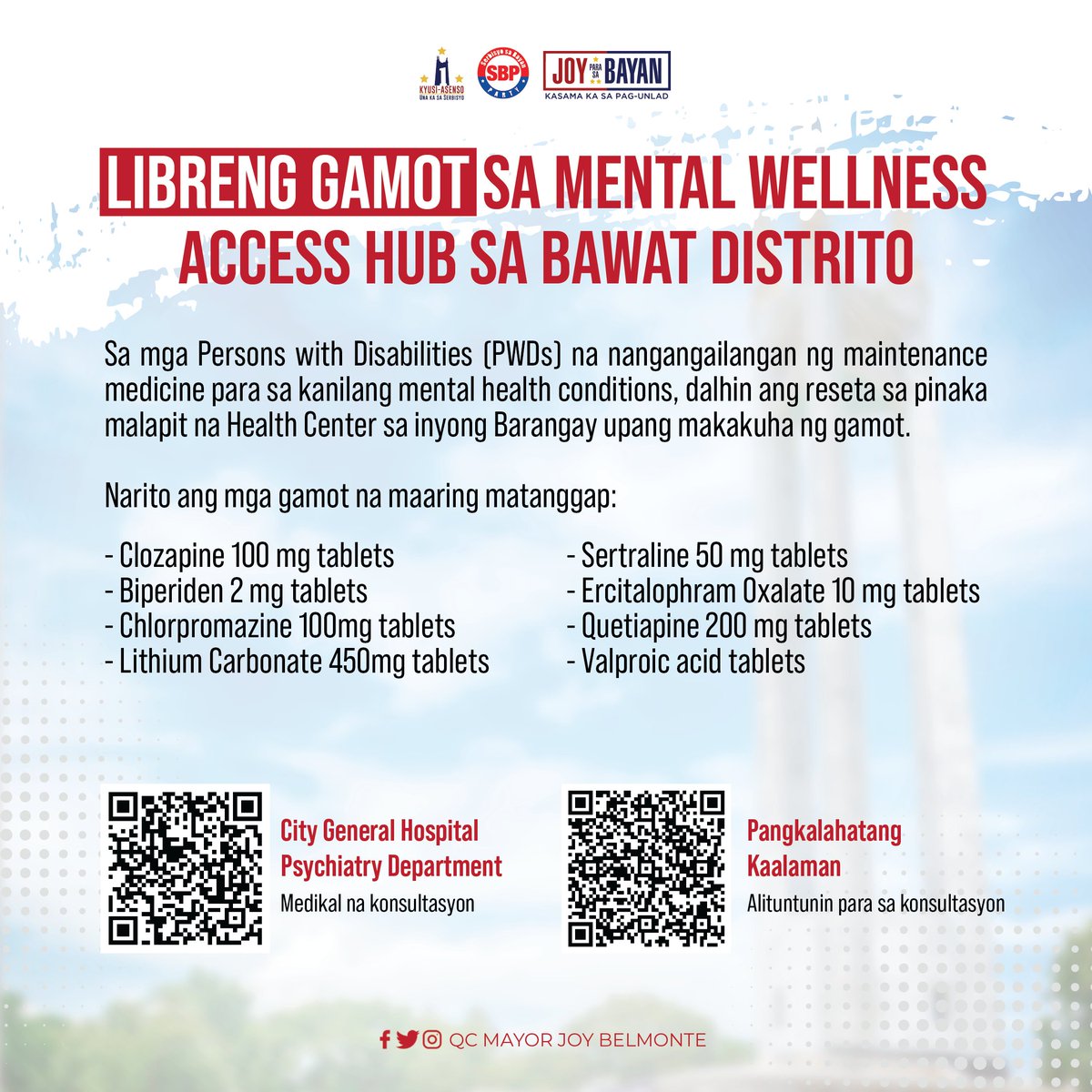QCMayorJoy's tweet image. ICYMI: Para po sa mga PWD na nangangailangan ng maintenance medicines para sa kanilang mental health conditions, LIBRE po ito sa QC. Pumunta lamang sa health center na pinakamalapit sa inyo, at dalhin ang inyong reseta.

Sa QC, kasama LAHAT sa pag-unlad!