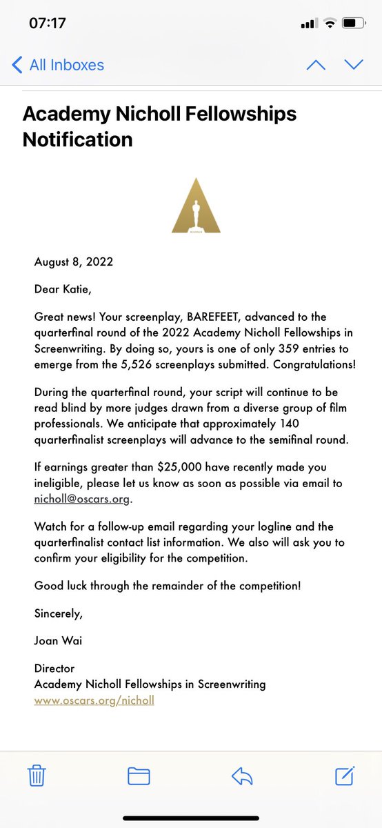 KatieMurphe's tweet image. There is a lot of rejection in writing, so when an email like this lands in your inbox, you celebrate 🥳 So honoured to be one of the #Nicholl Quarter Finalists! Thank you @TheAcademy