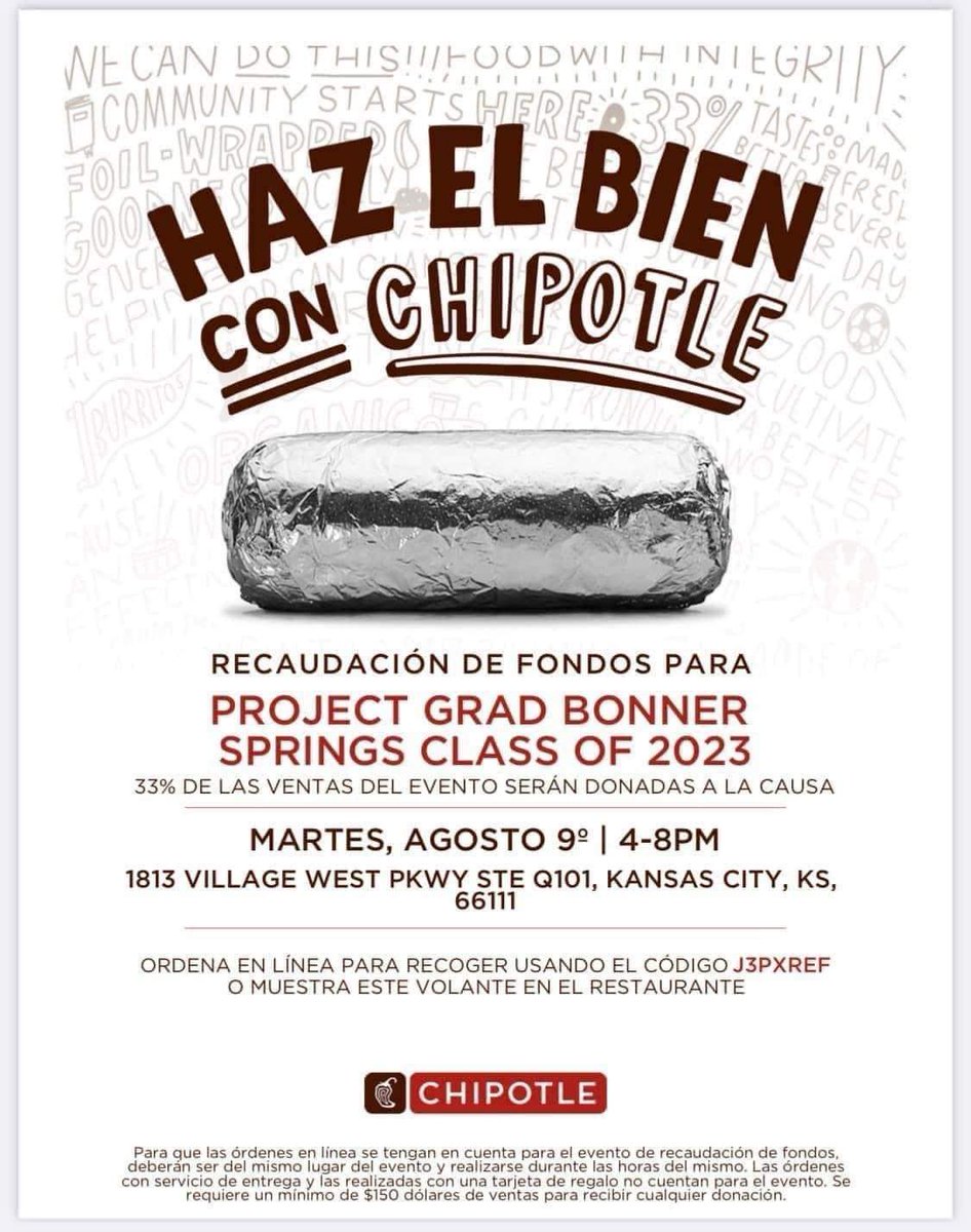 Looking for dinner plans tonight? Head to Chipotle at the Legends between 4-8pm to support Project Grad! Make sure to mention the fundraiser at checkout. #204BravesPride #classof2023
